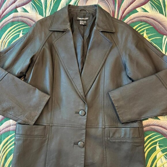 y2k blck 100% leather ‘Savannah’ overcoat minimalist trench - SZ M! stylish ~ - Picture 6 of 8